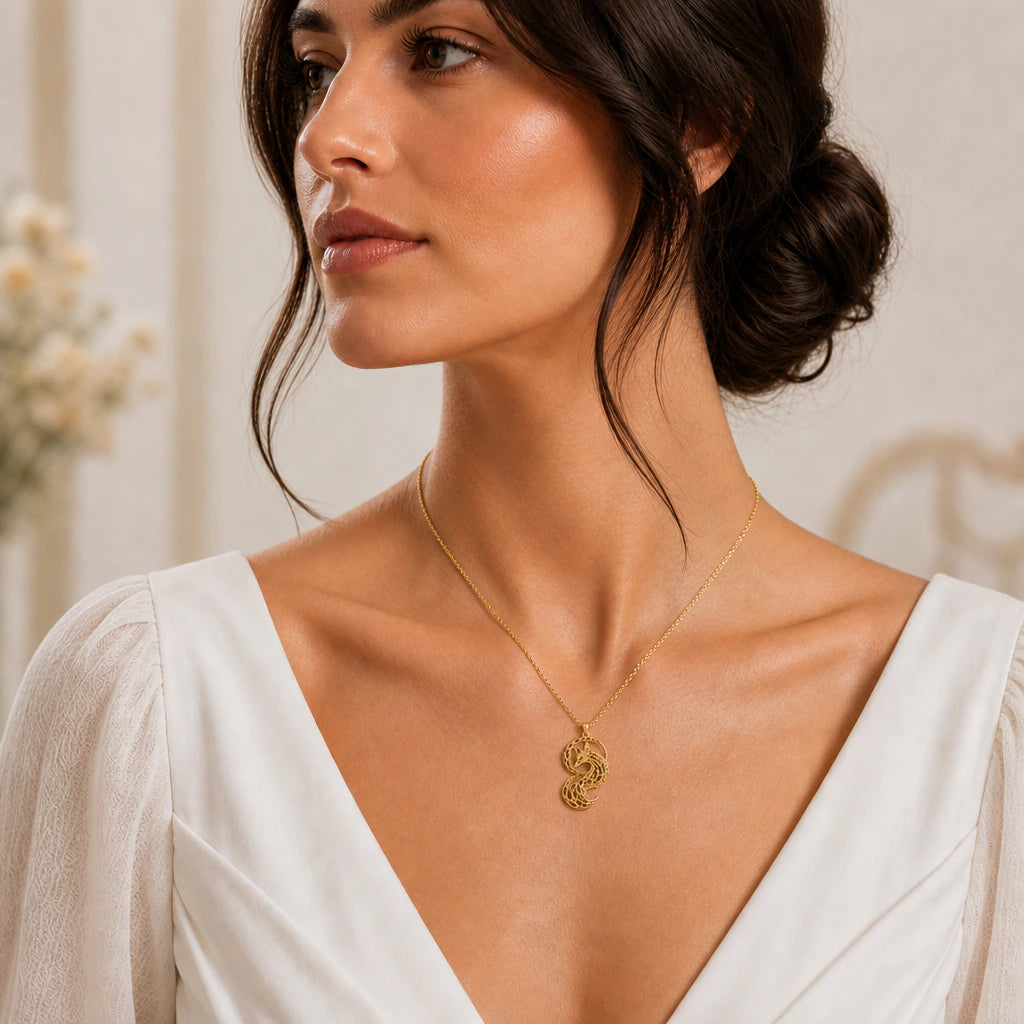 Ancient fox fossil pendant necklace worn by a model