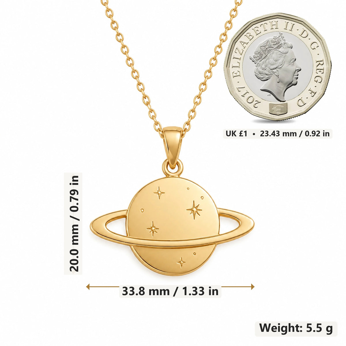 Saturn Ring Planet pendant necklace size image showing 20.0 mm height, 33.8 mm width and 5.5 g weight