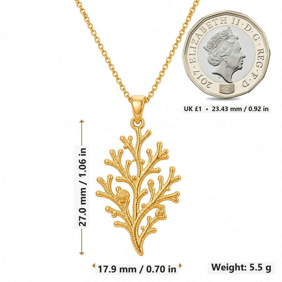 Coral Branch pendant necklace size image showing 27.0 mm height, 17.9 mm width and 5.5 g weight