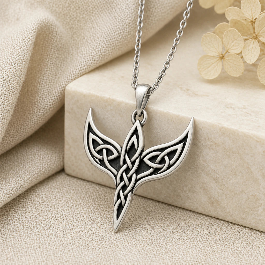 925 sterling silver celtic wing knot pendant necklace on softly folded cream linen