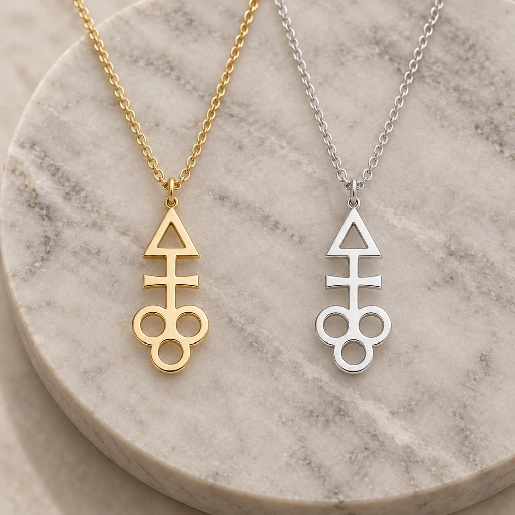 Dionysus Symbol pendant necklace in silver and gold finishes side by side