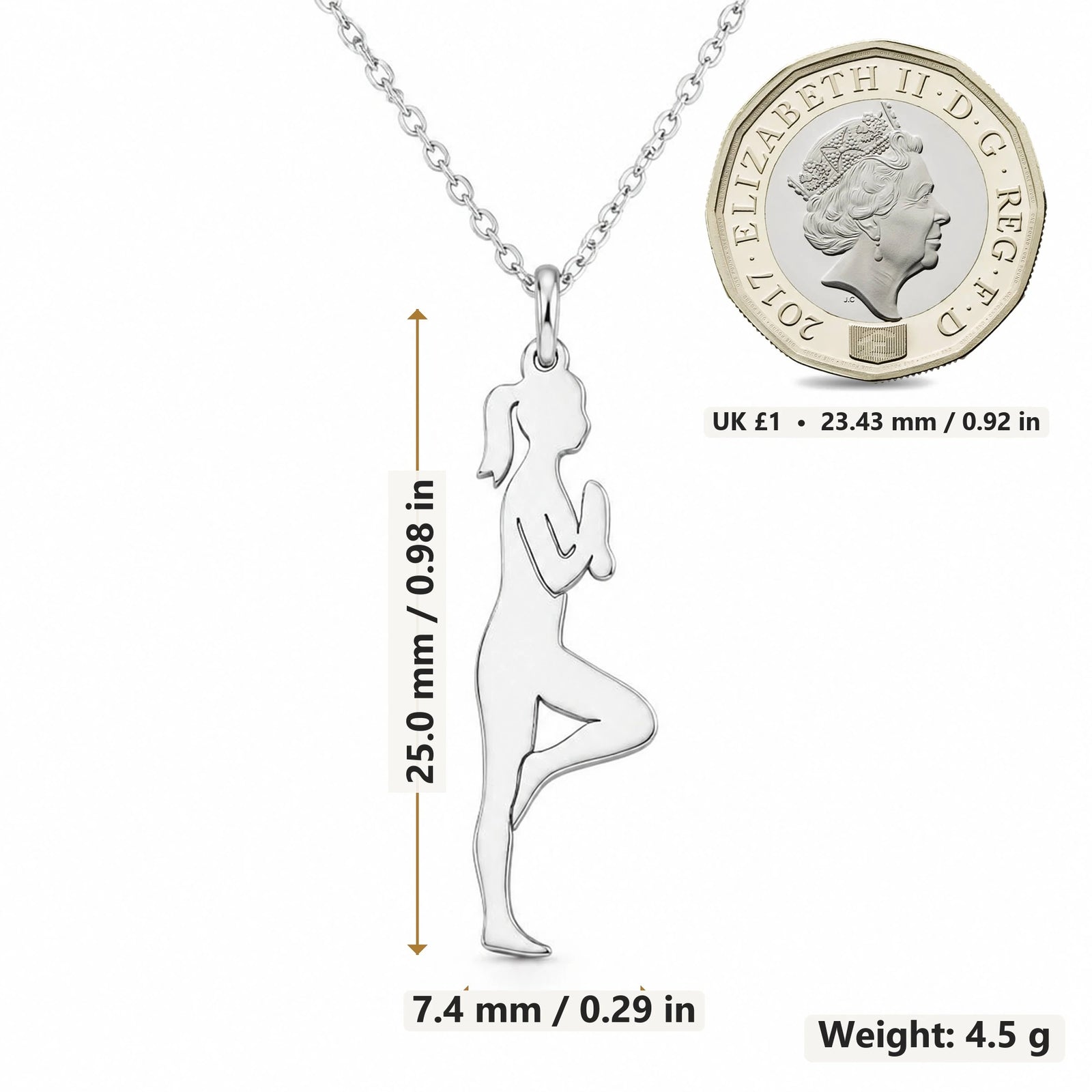 Yoga Tree Pose Woman pendant necklace size image showing 25.0 mm height, 7.4 mm width and 4.5 g weight