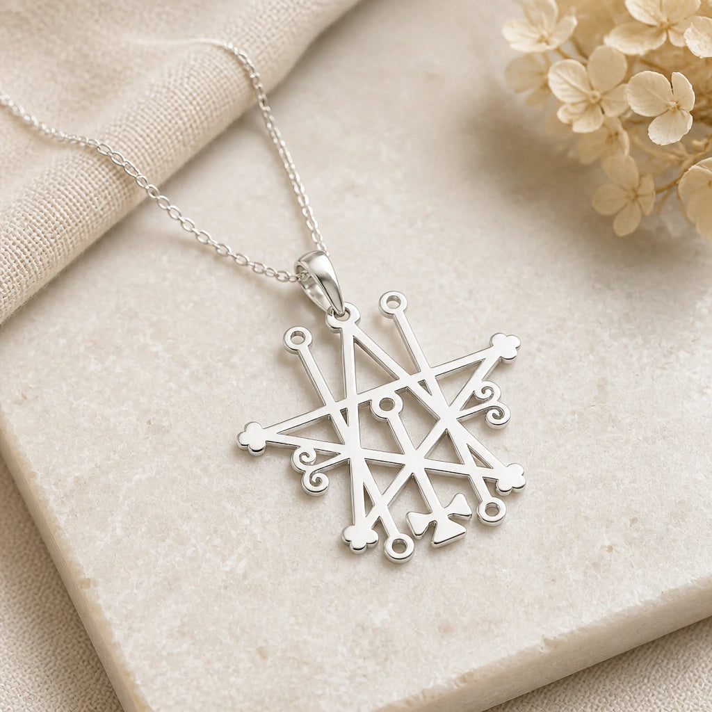 Close-up of silver astaroth sigil pendant showing the sculpted detail