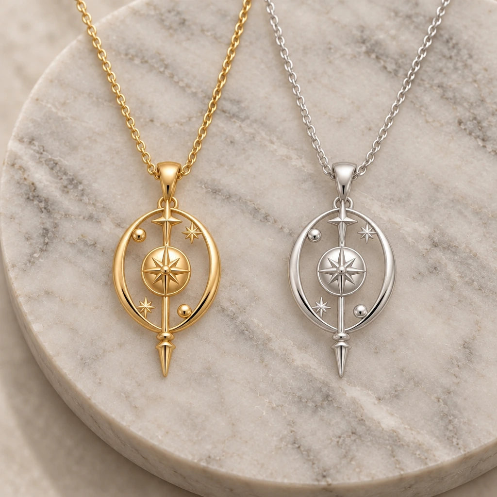 Celestial Barrier Orbit pendant necklace in silver and gold finishes side by side