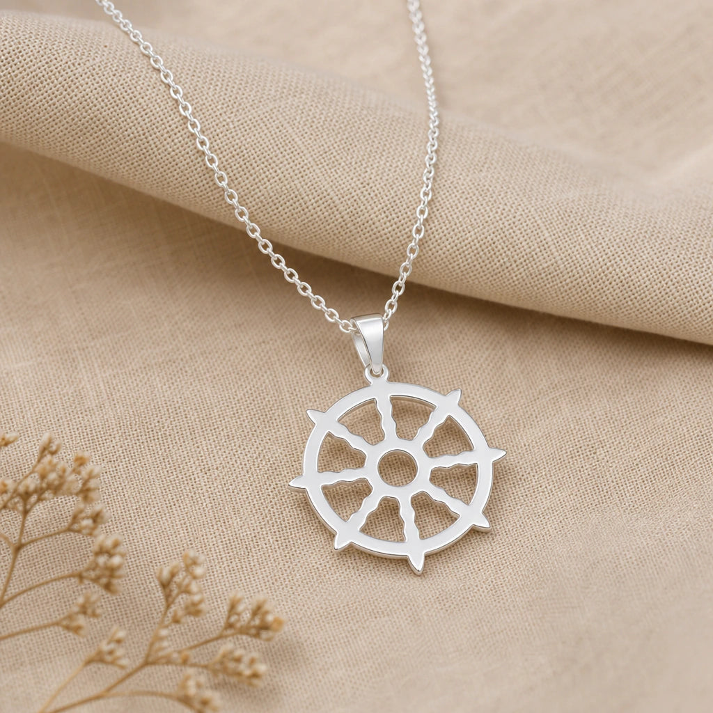 Dharma Wheel Pendant Necklace in sterling silver, second view