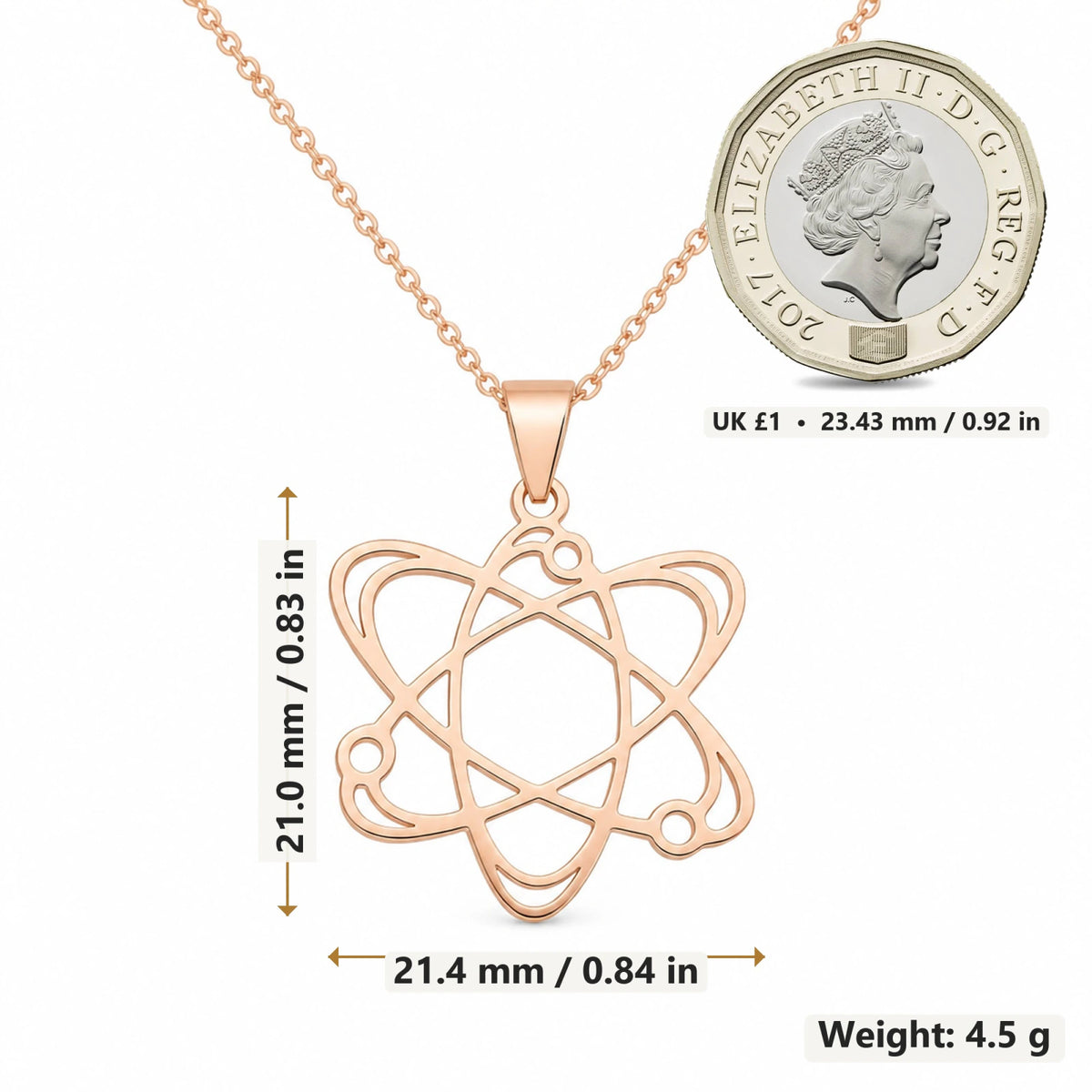 Atom pendant necklace size image showing 21 mm height and 21.4 mm width and 4.5 g weight