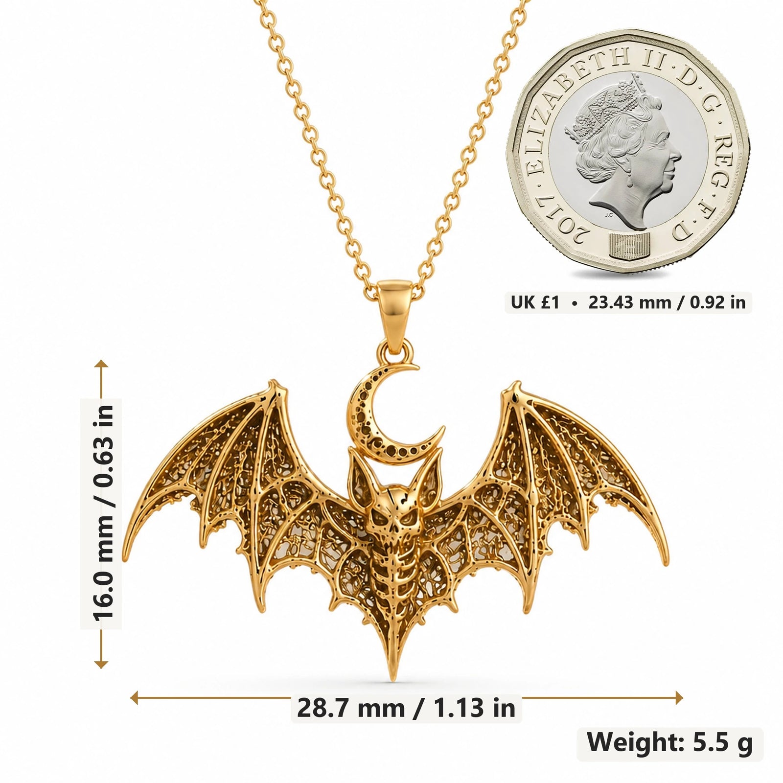 Lunar Bat Relic pendant necklace size image showing 16.0 mm height, 28.7 mm width and 5.5 g weight