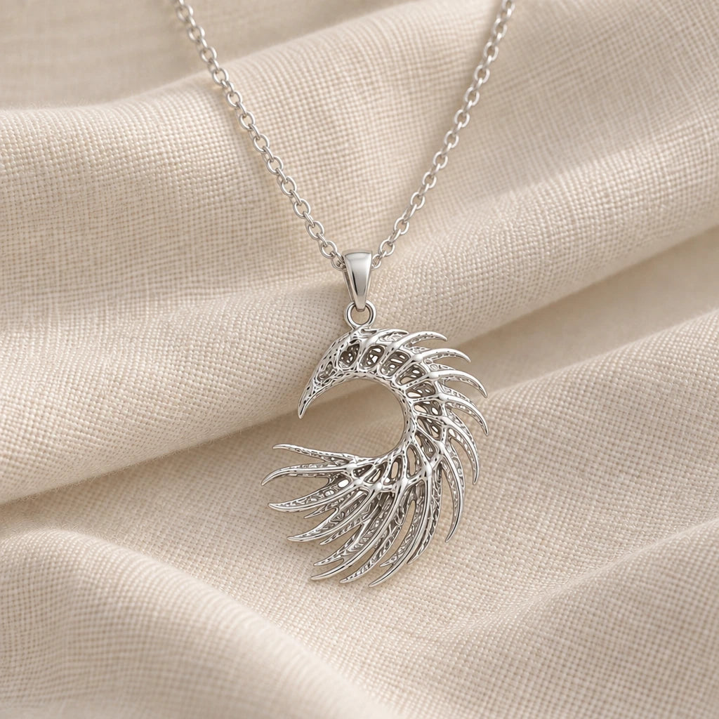 925 sterling silver eclipse serpent skeleton pendant necklace on cream fabric
