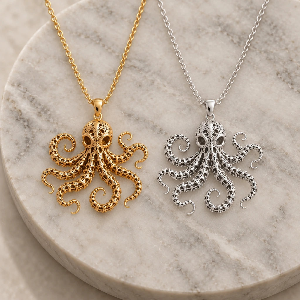 Fossil Octopus Spine pendant necklace in silver and gold finishes side by side