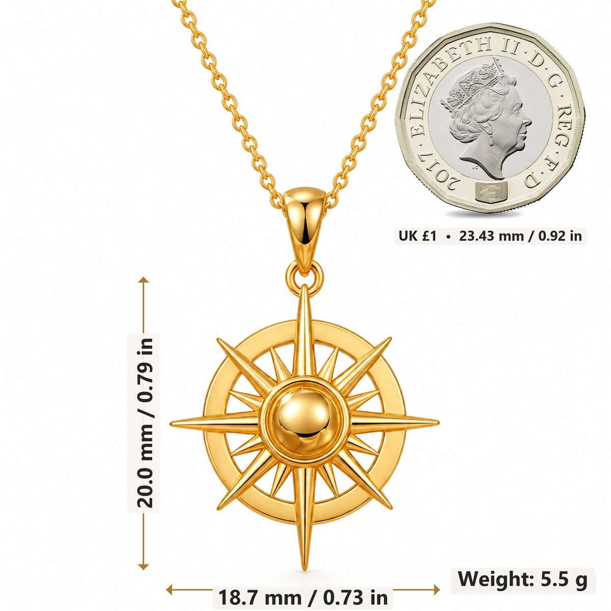 Solar Halo Compass pendant necklace size image showing 20.0 mm height, 18.7 mm width and 5.5 g weight