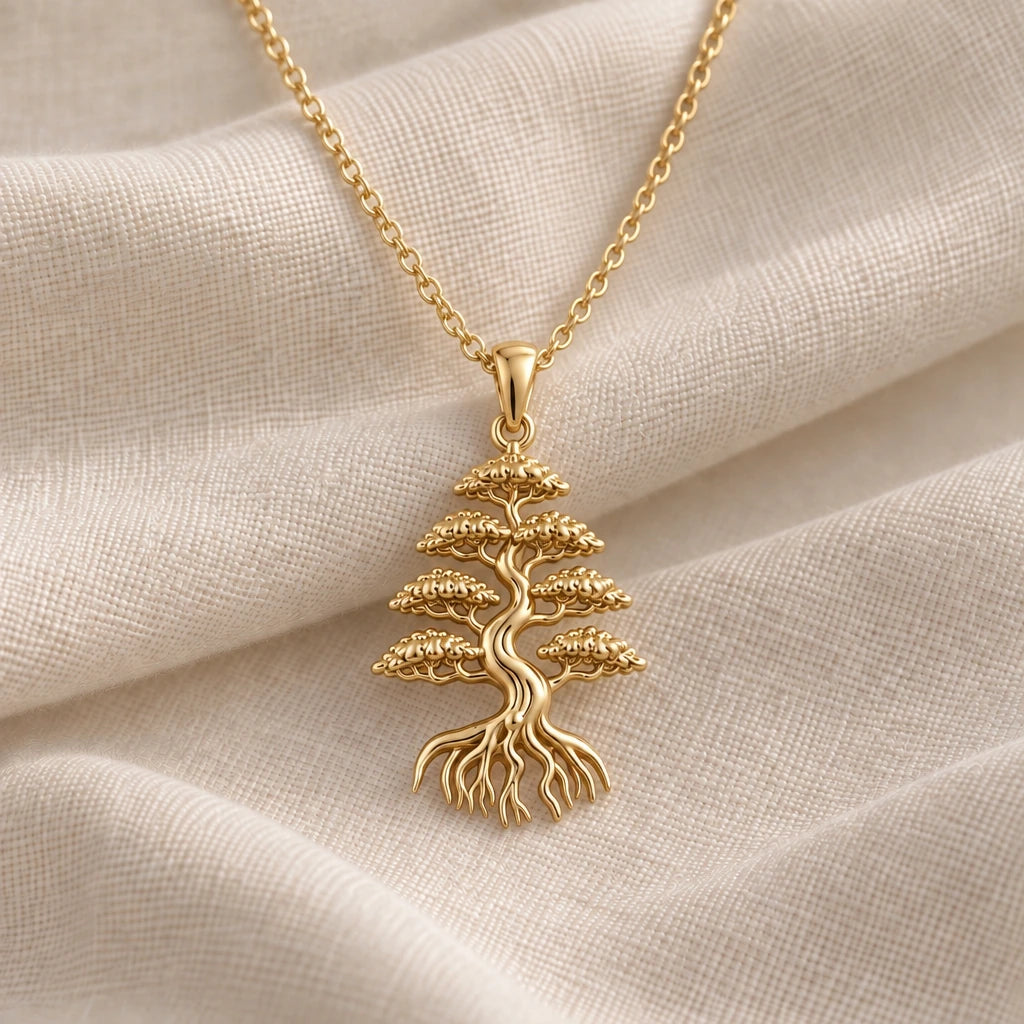 Cedar Crown Bonsai pendant necklace in an 18k gold plated finish