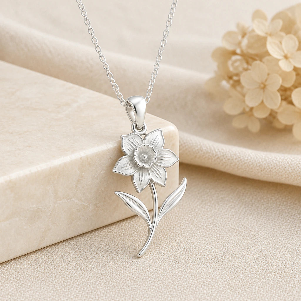 925 sterling silver daffodil flower pendant necklace on softly folded cream linen