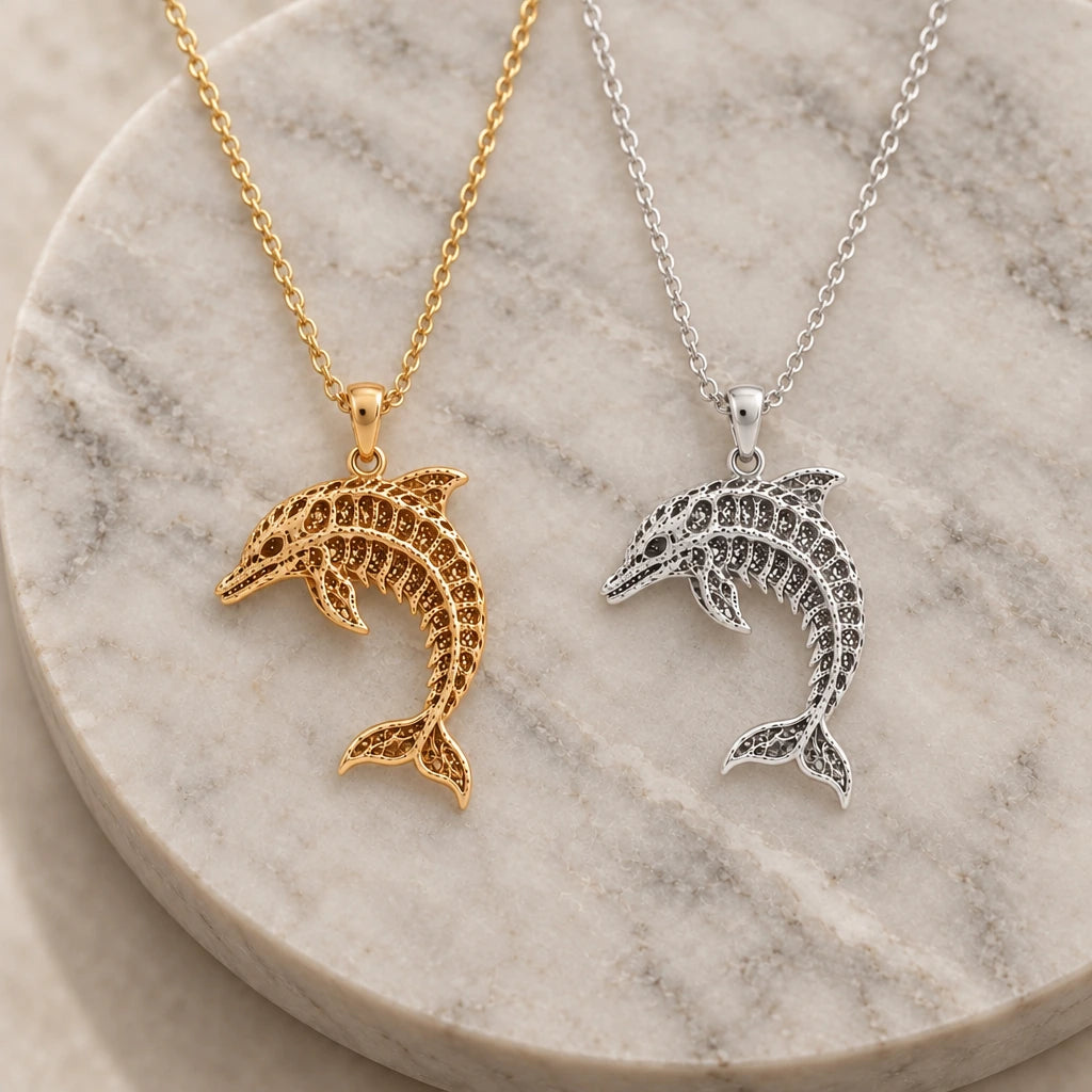 Fossil Dolphin Artifact pendant necklace in silver and gold finishes side by side