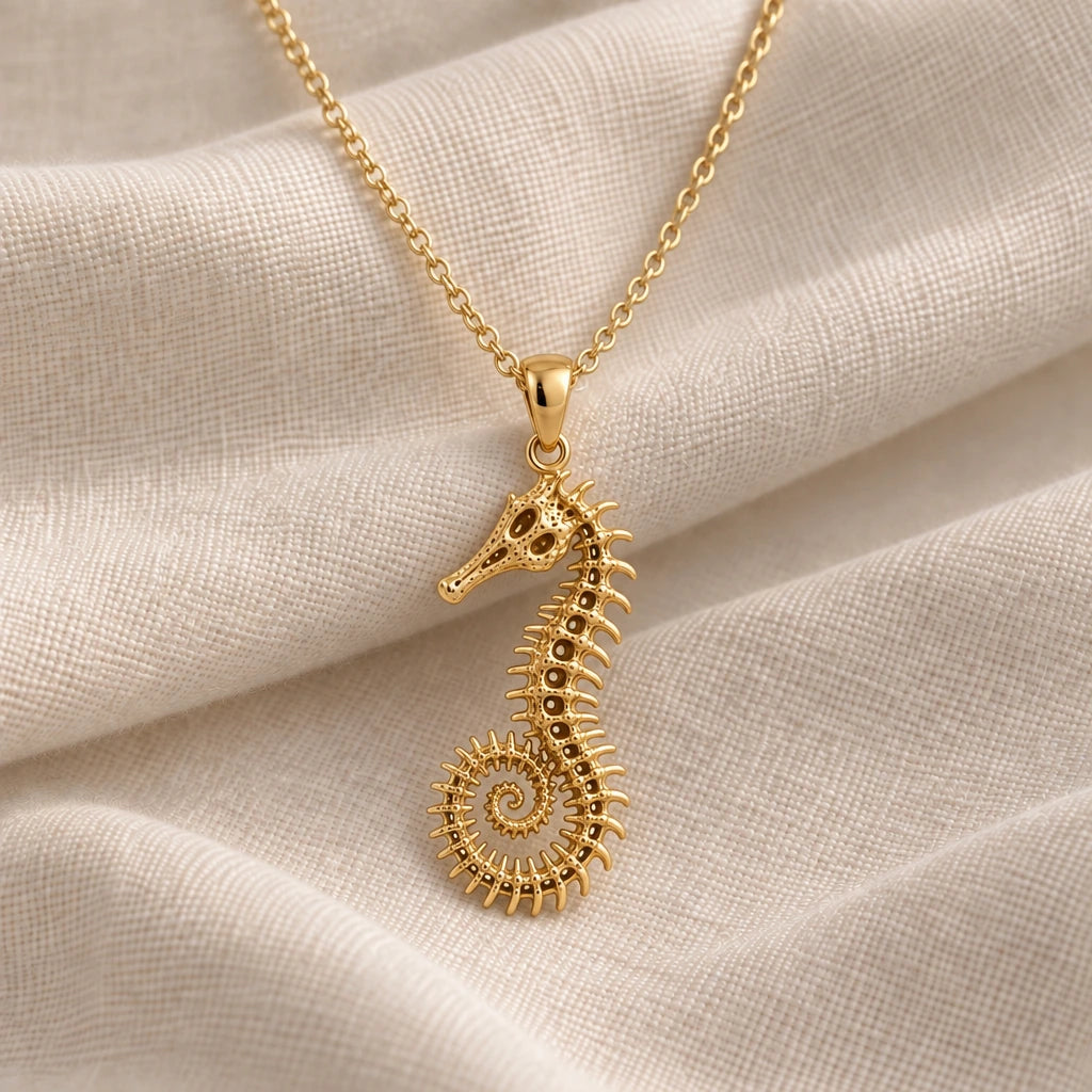 Fossil Seahorse Spine pendant necklace in an 18k gold plated finish