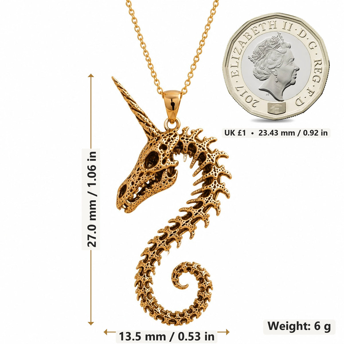 Fossil Unicorn Spine pendant necklace size image showing 27.0 mm height, 13.5 mm width and 6 g weight
