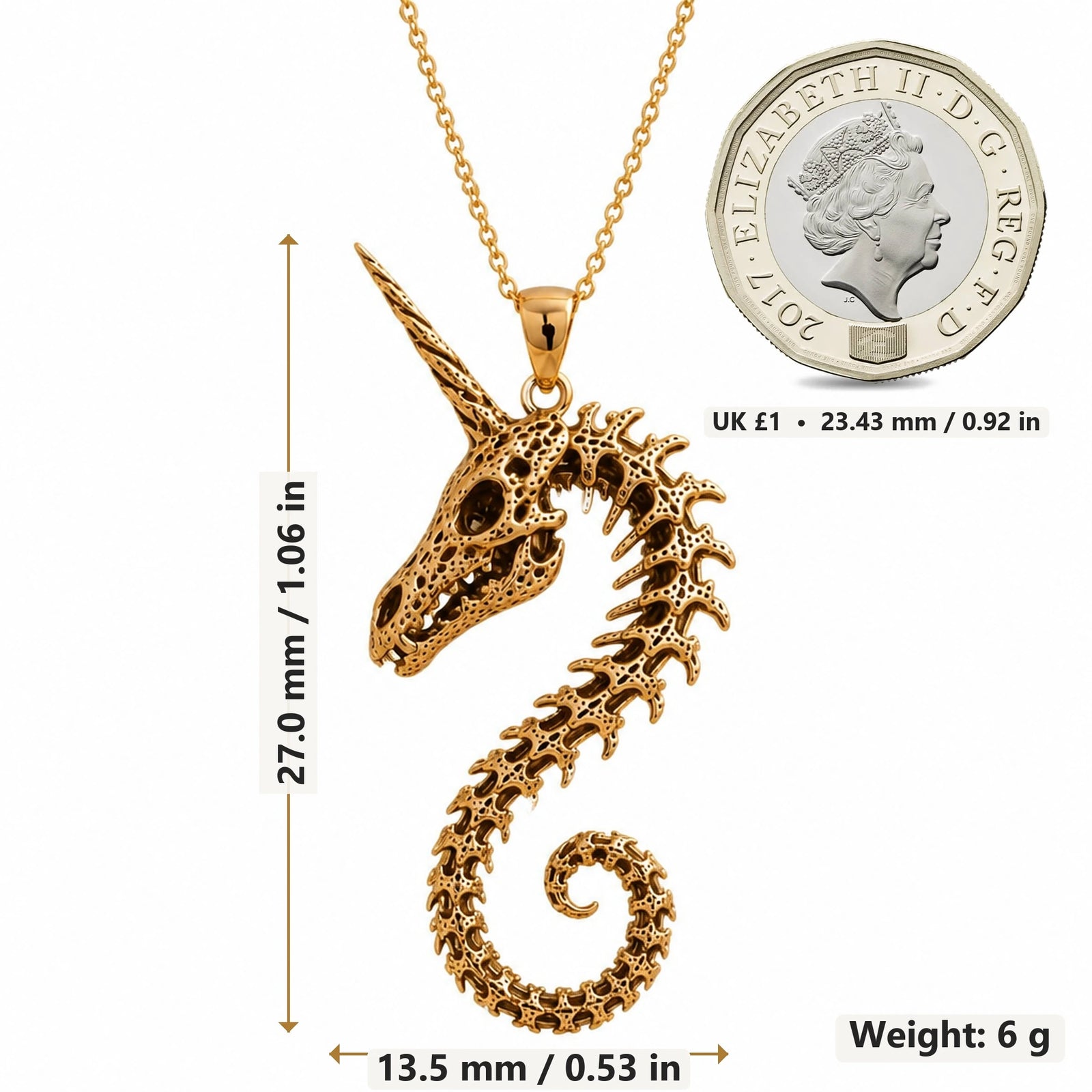 Fossil Unicorn Spine pendant necklace size image showing 27.0 mm height, 13.5 mm width and 6 g weight