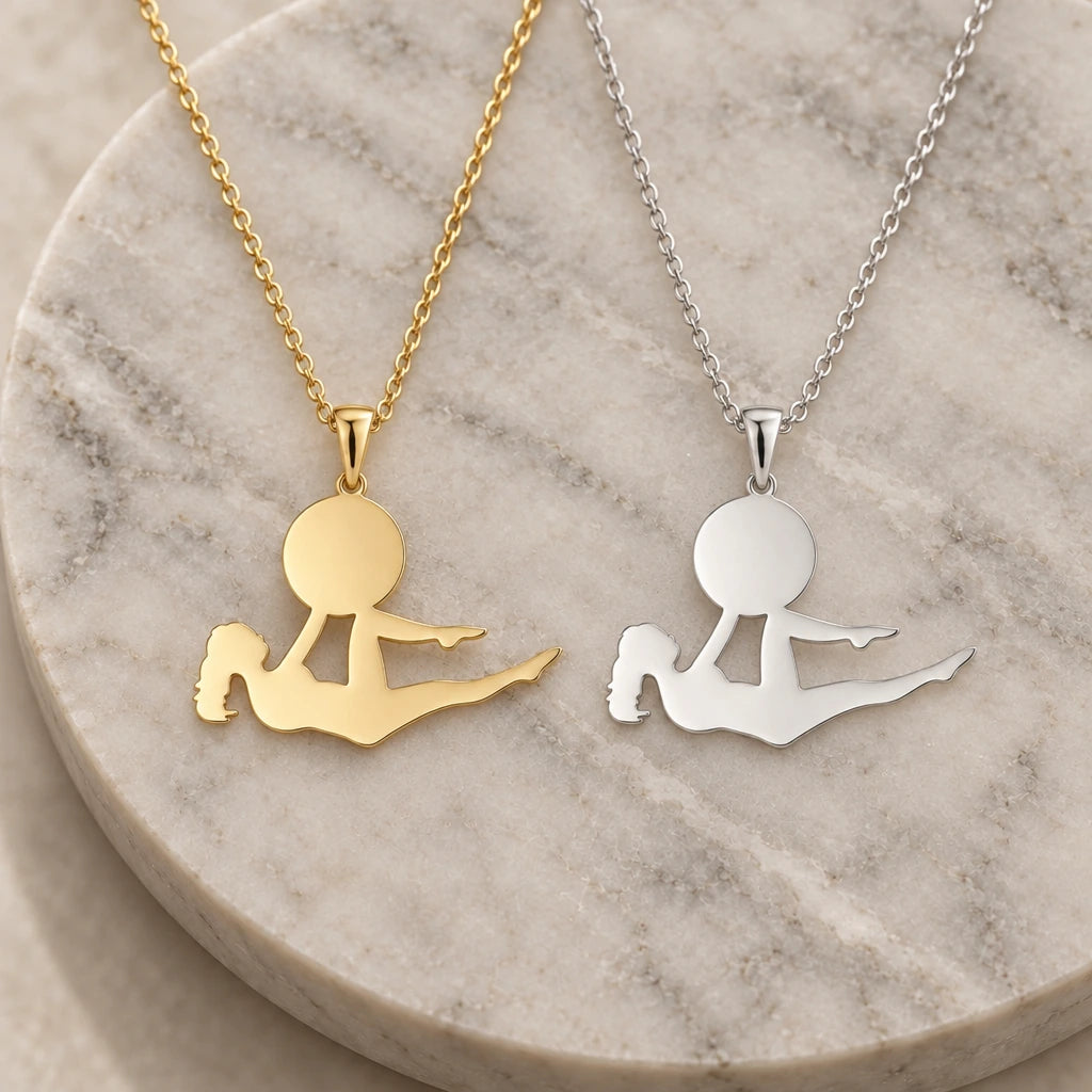 Yoga Bow Pose pendant necklace in silver and gold finishes side by side