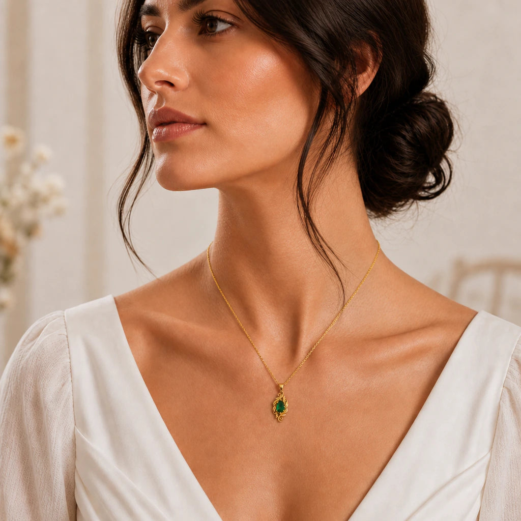 Feathered Leaf Marquise Birthstone Pendant Necklace in sterling silver