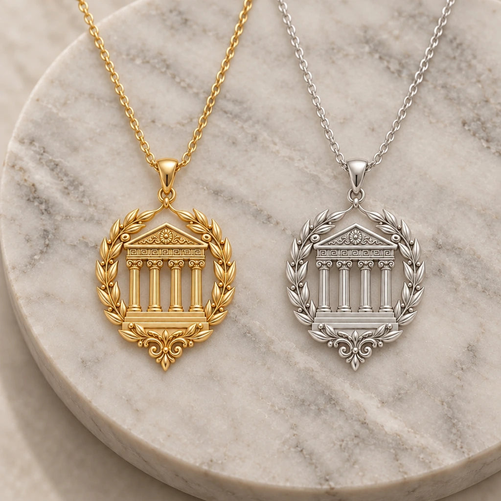 Greek Temple Laurel pendant necklace in silver and gold finishes side by side