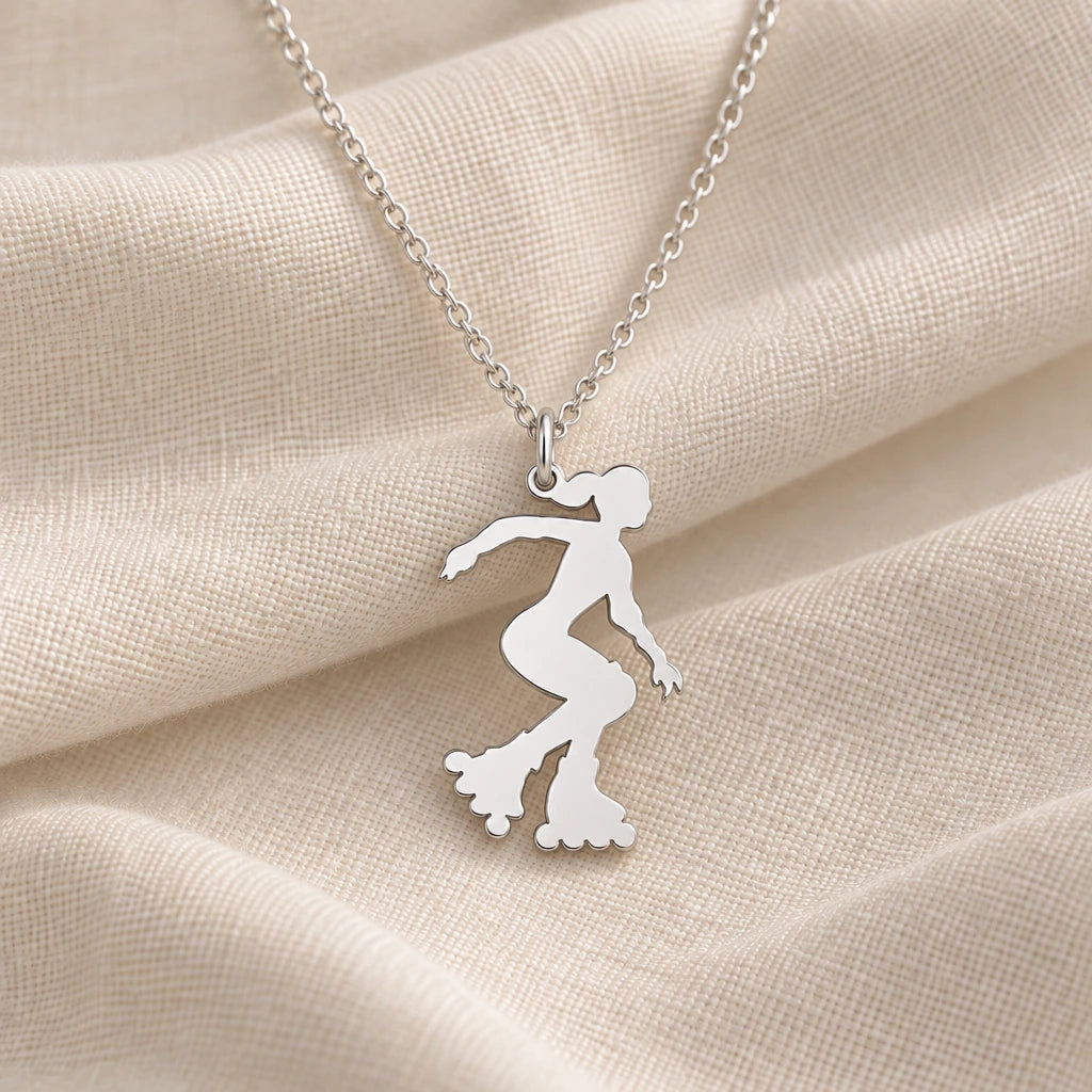 925 sterling silver roller skater pendant necklace on cream fabric