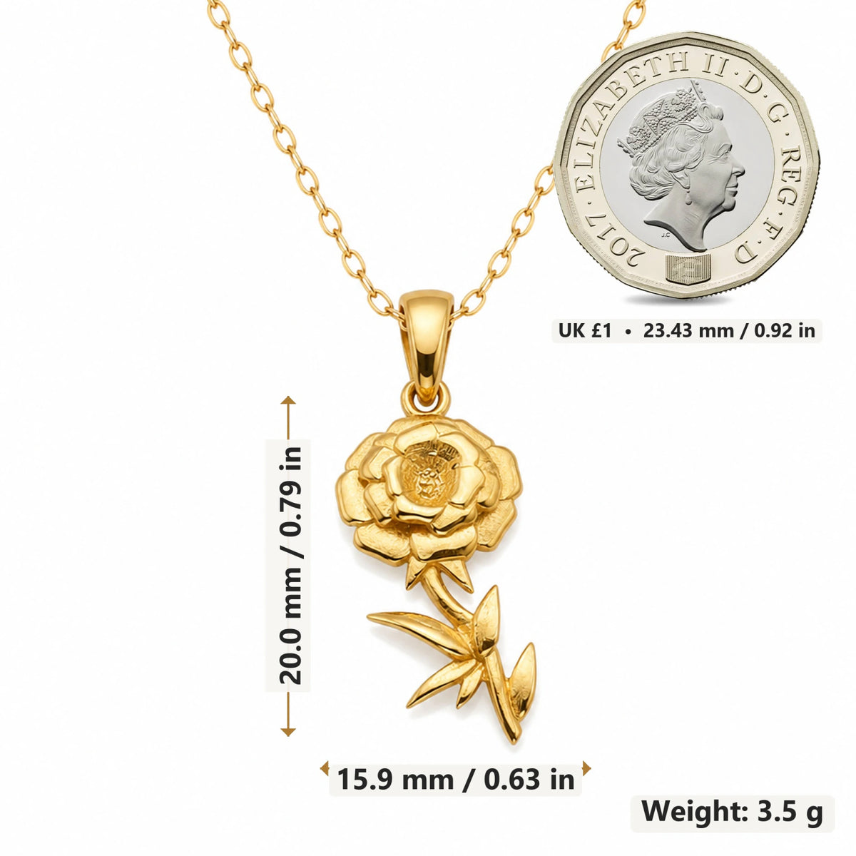 Marigold Flower pendant necklace size image showing 20 mm height and 15.9 mm width and 3.5 g weight