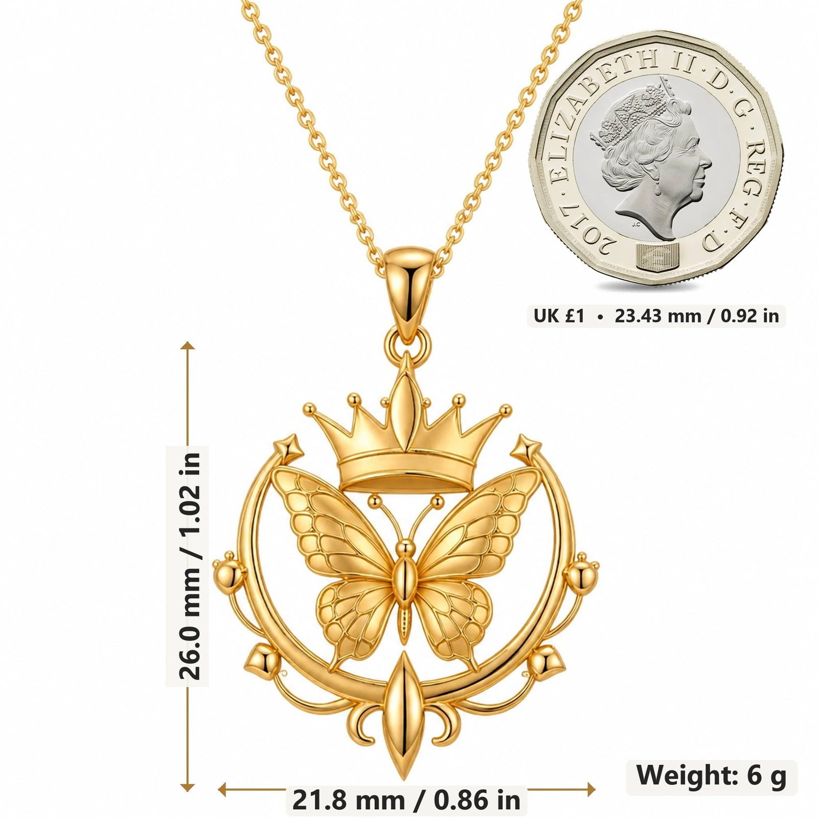 Butterfly Crown pendant necklace size image showing 26.0 mm height, 21.8 mm width and 6 g weight