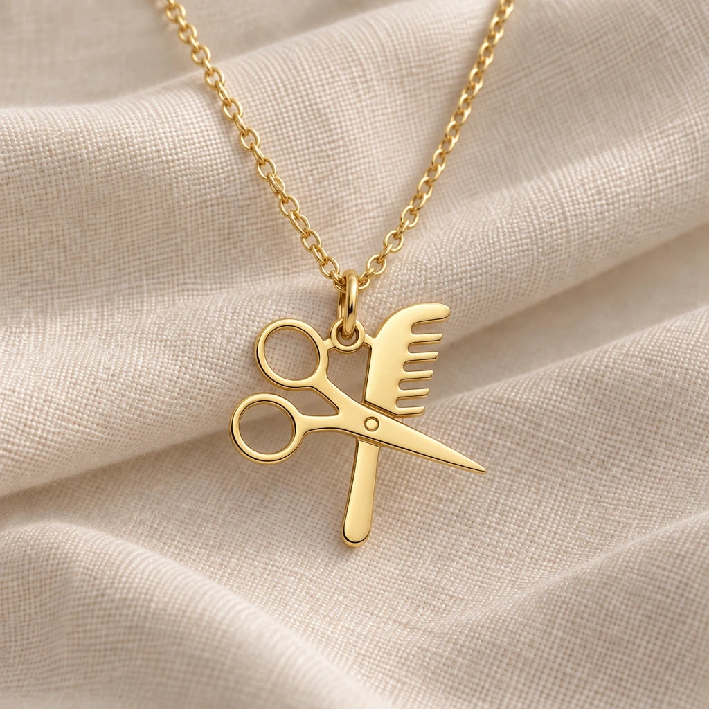 Hairdresser Scissors and Comb pendant necklace in an 18k gold plated finish