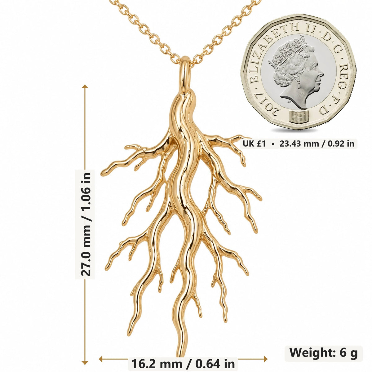 Sacred Root pendant necklace size image showing 27.0 mm height, 16.2 mm width and 6 g weight