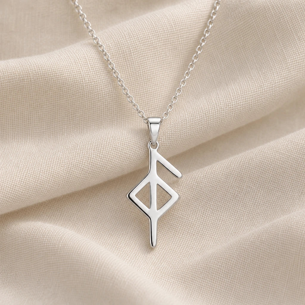 925 sterling silver health bind rune pendant necklace on cream fabric