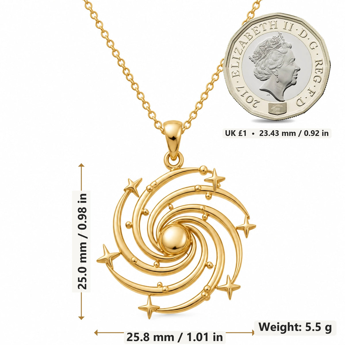 Spiral Galaxy pendant necklace size image showing 25.0 mm height, 25.8 mm width and 5.5 g weight