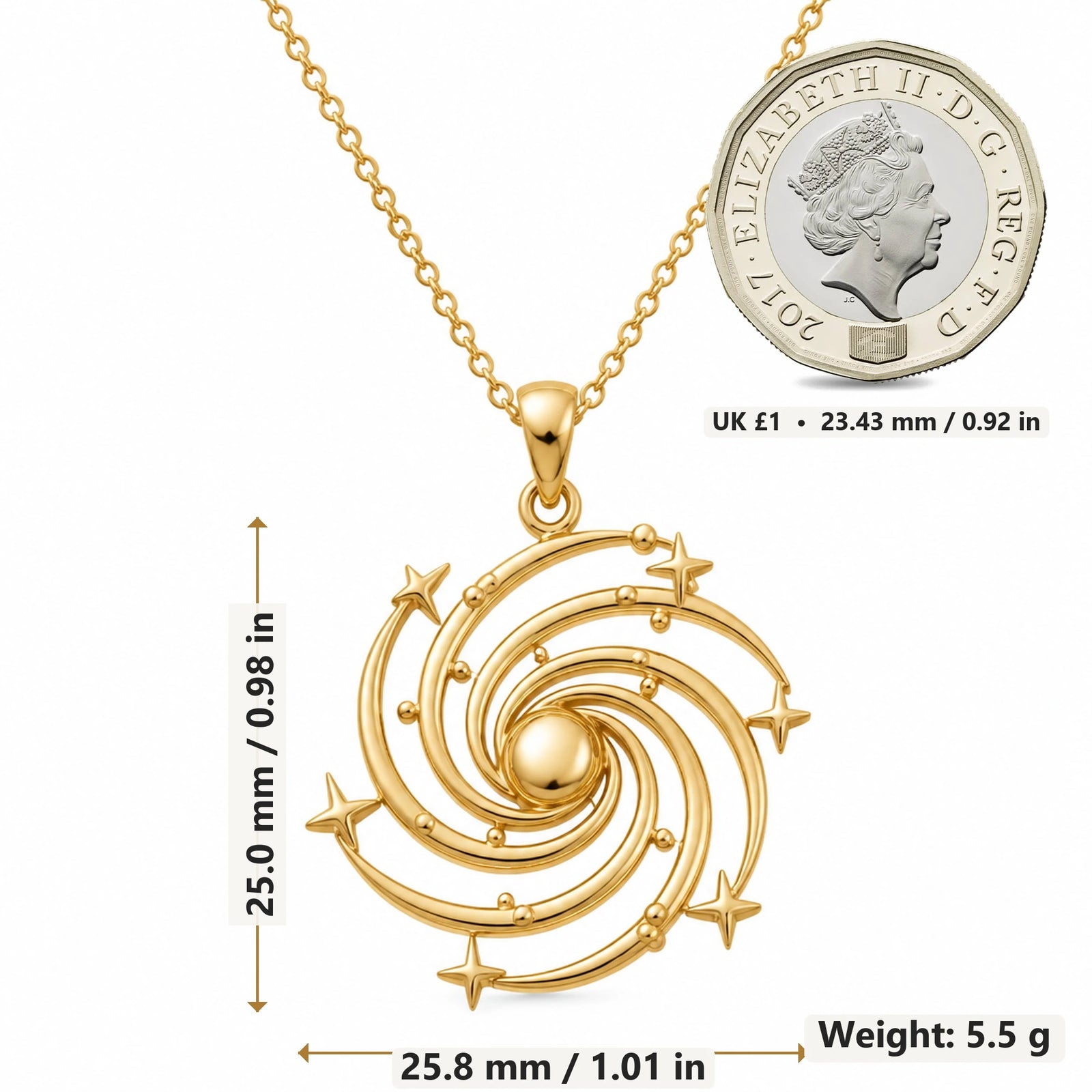 Spiral Galaxy pendant necklace size image showing 25.0 mm height, 25.8 mm width and 5.5 g weight