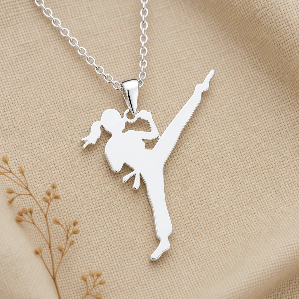 Karate Girl Kick Pendant Necklace in sterling silver