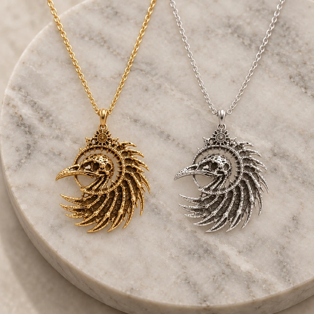 Fossil Raven Crest pendant necklace in silver and gold finishes side by side