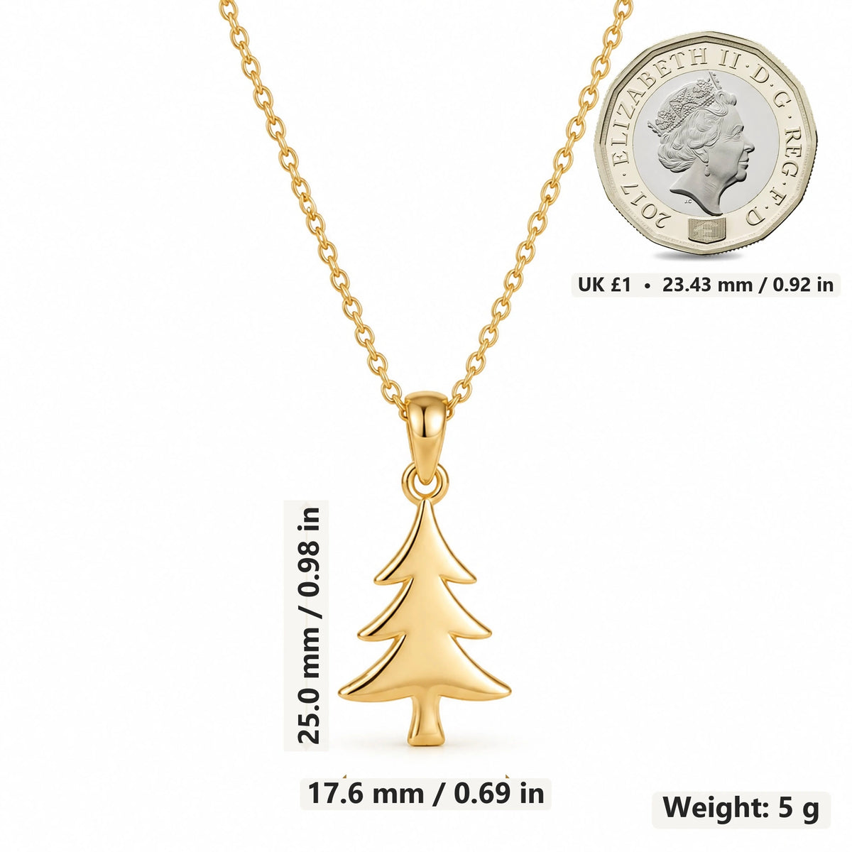 Pine Tree Solid pendant necklace size image showing 25.0 mm height, 17.6 mm width and 5 g weight