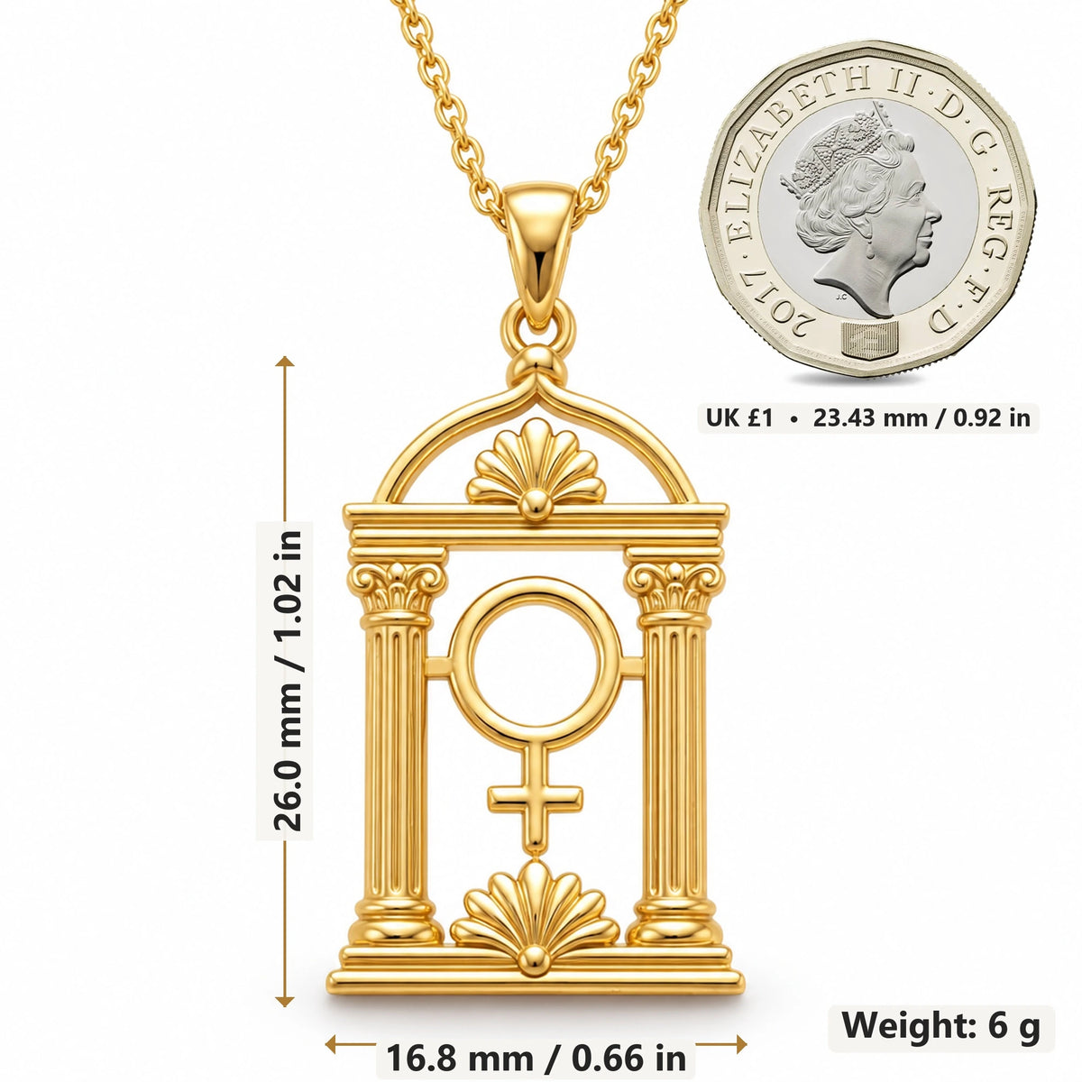 Venus Temple pendant necklace size image showing 26.0 mm height, 16.8 mm width and 6 g weight