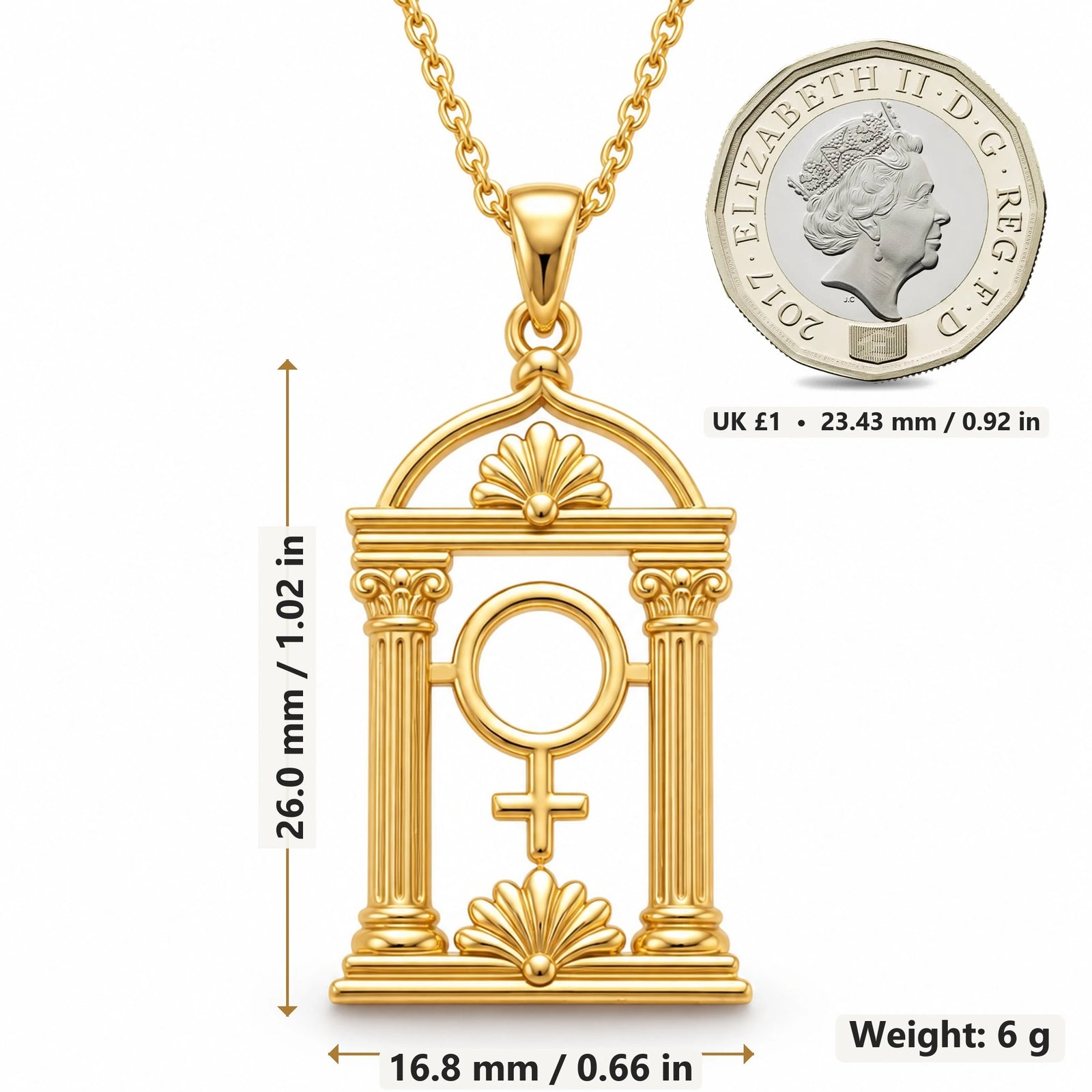 Venus Temple pendant necklace size image showing 26.0 mm height, 16.8 mm width and 6 g weight