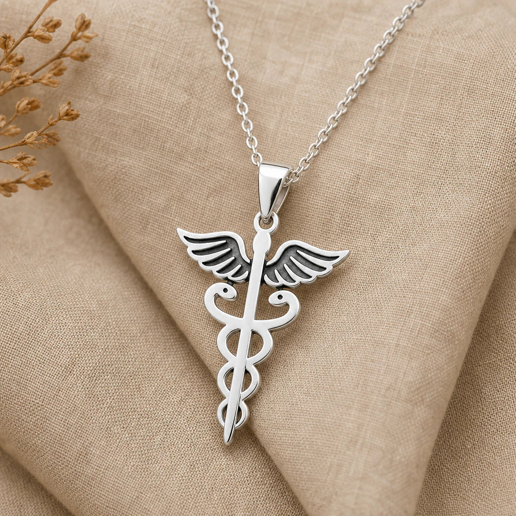 Caduceus Medical Symbol Pendant Necklace in sterling silver, second view