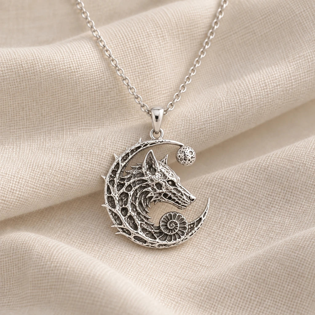 925 sterling silver lunar wolf relic pendant necklace on cream fabric