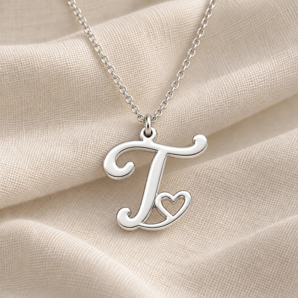 925 sterling silver t initial heart pendant necklace on softly folded cream linen