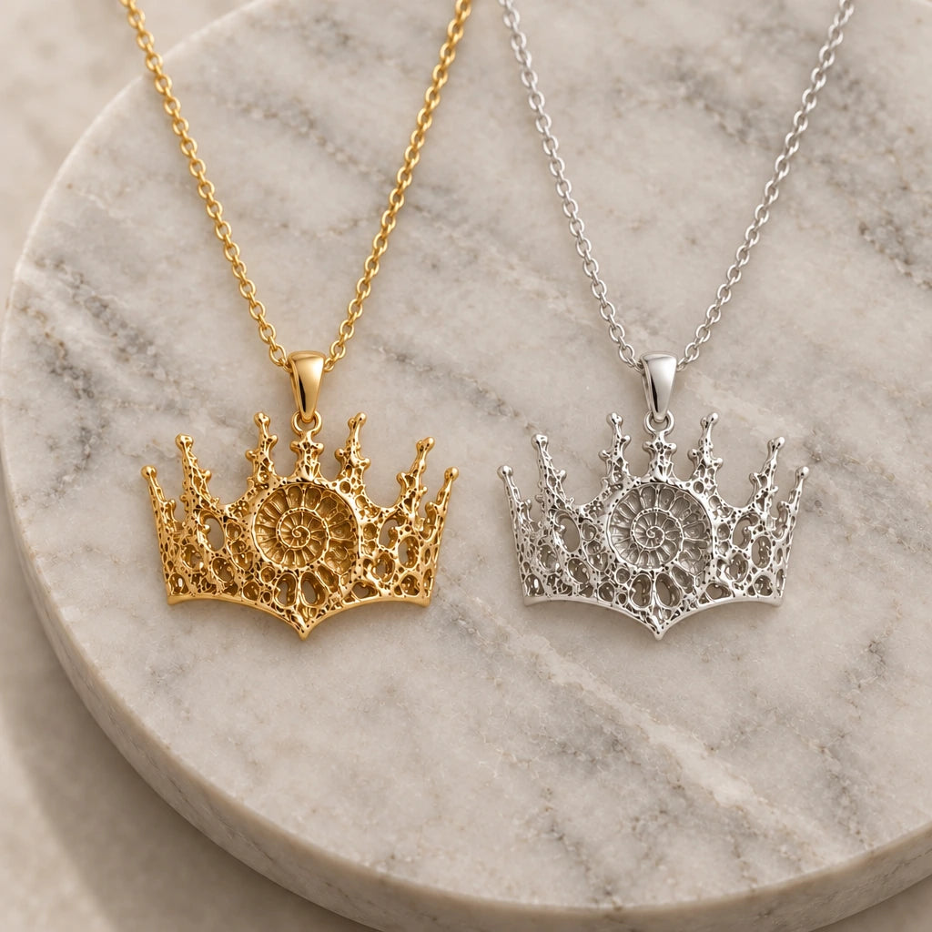 Fossil Crown Ammonite pendant necklace in silver and gold finishes side by side