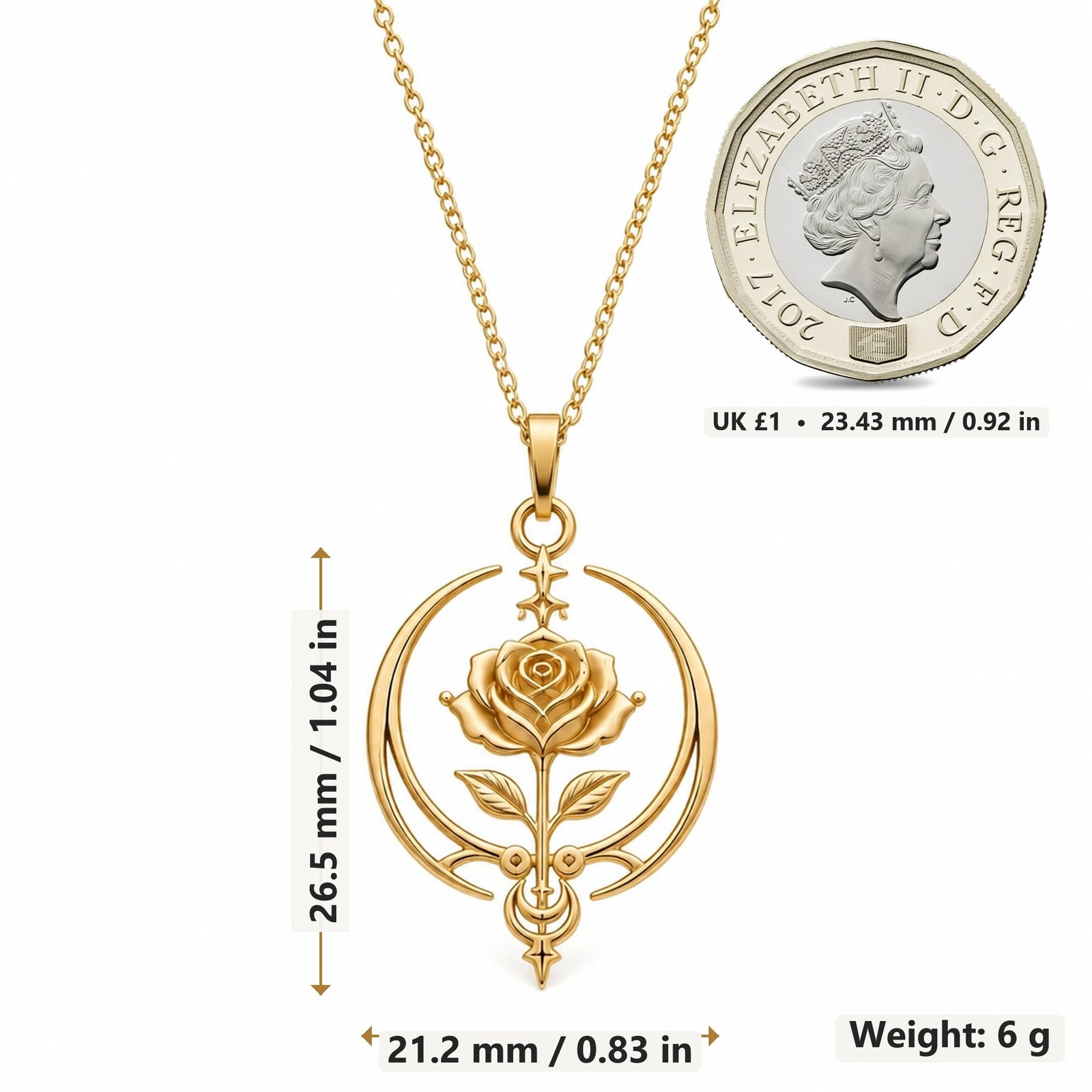Eternal Rose Sigil pendant necklace size image showing 26.5 mm height, 21.2 mm width and 6 g weight