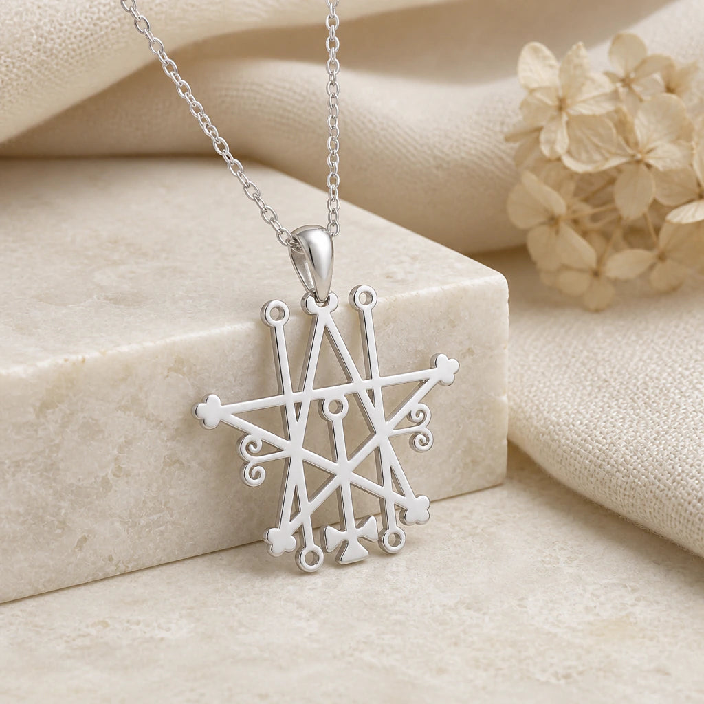 925 sterling silver astaroth sigil pendant necklace on softly folded cream linen