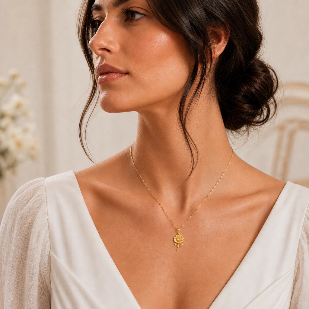 Begonia flower pendant necklace worn by a model