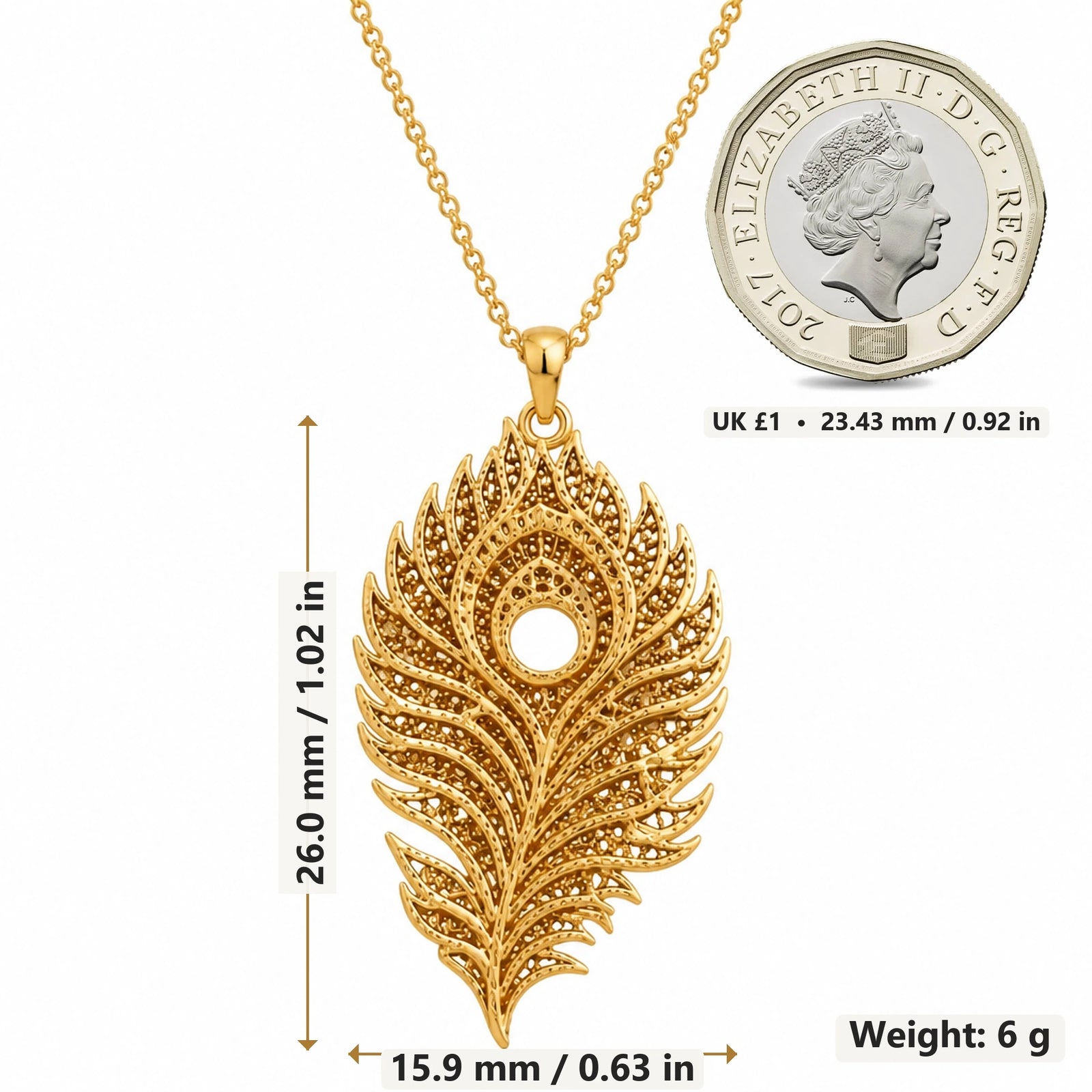Lunar Peacock Feather pendant necklace size image showing 26.0 mm height, 15.9 mm width and 6 g weight