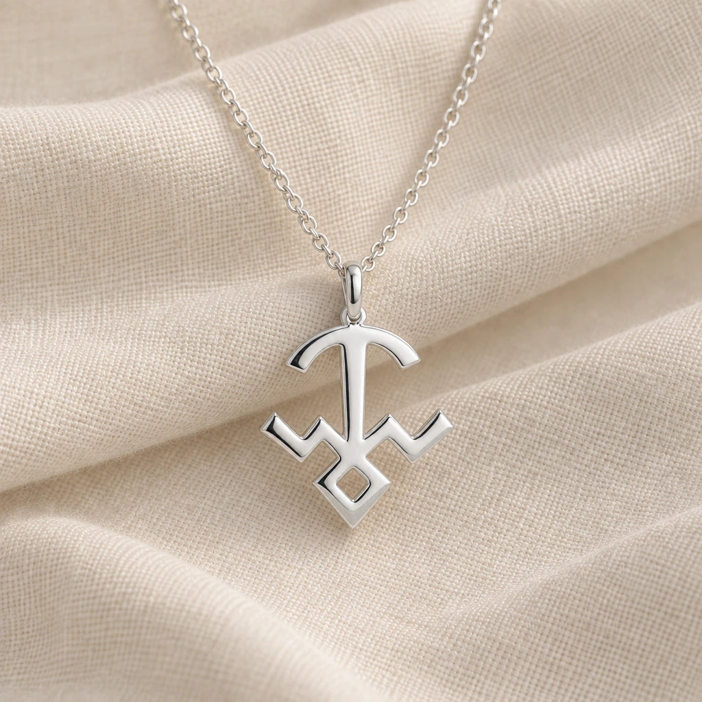 925 sterling silver mula nakshatra symbol pendant necklace on cream fabric