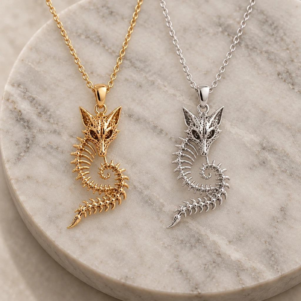 Sacred Fox Skeleton Crest pendant necklace in silver and gold finishes side by side