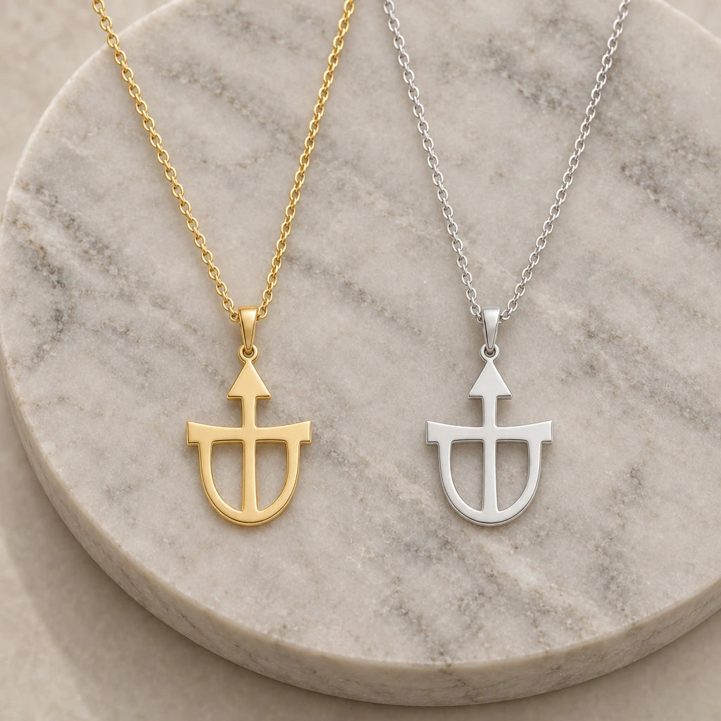 Teutonia Asteroid Symbol pendant necklace in silver and gold finishes side by side