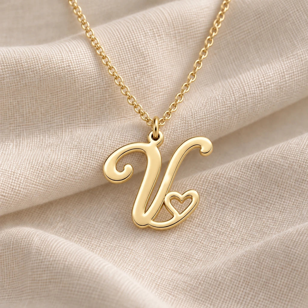 V Initial Heart pendant necklace in a warm gold finish on cream fabric