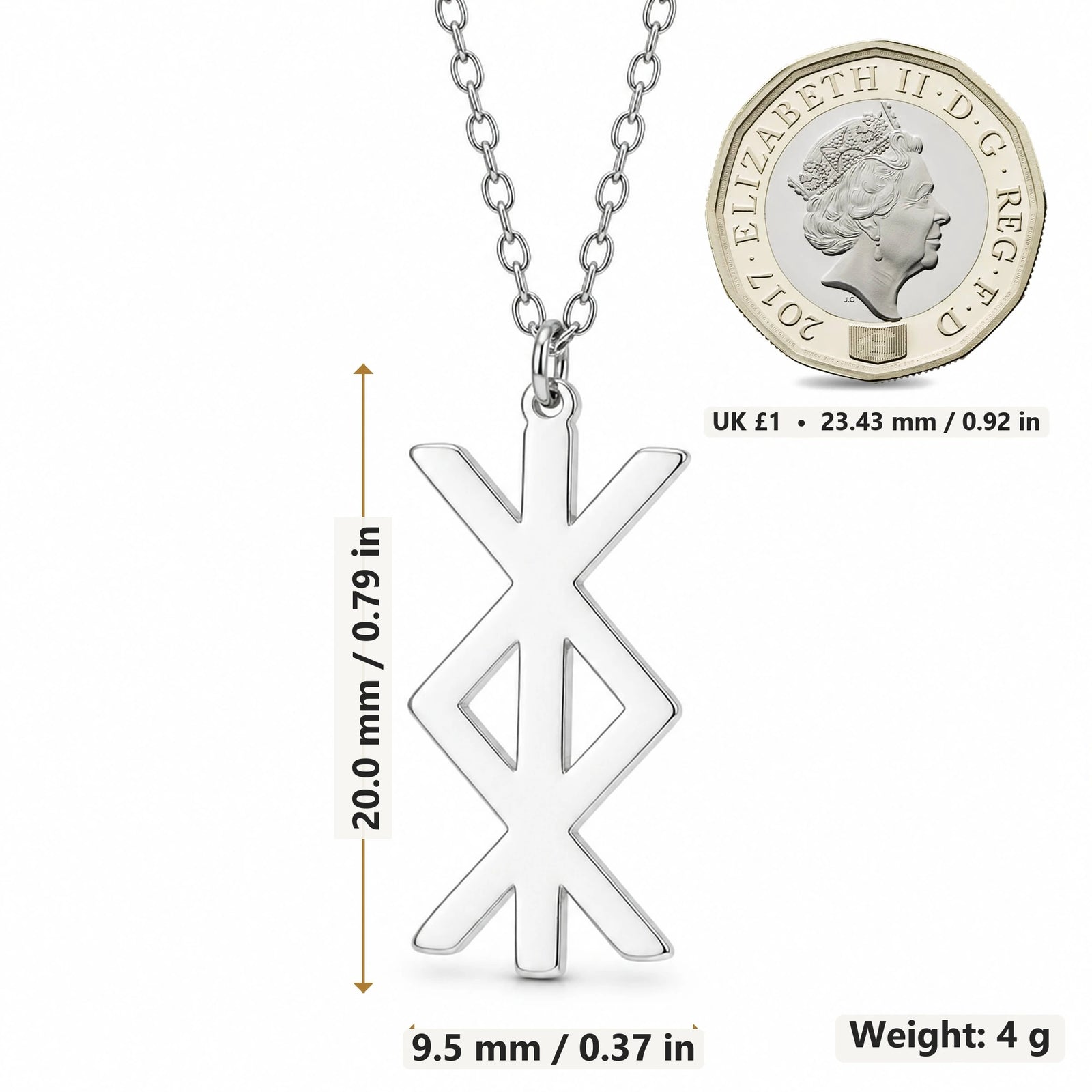 Protection Bind Rune pendant necklace size image showing 20.0 mm height, 9.5 mm width and 4 g weight