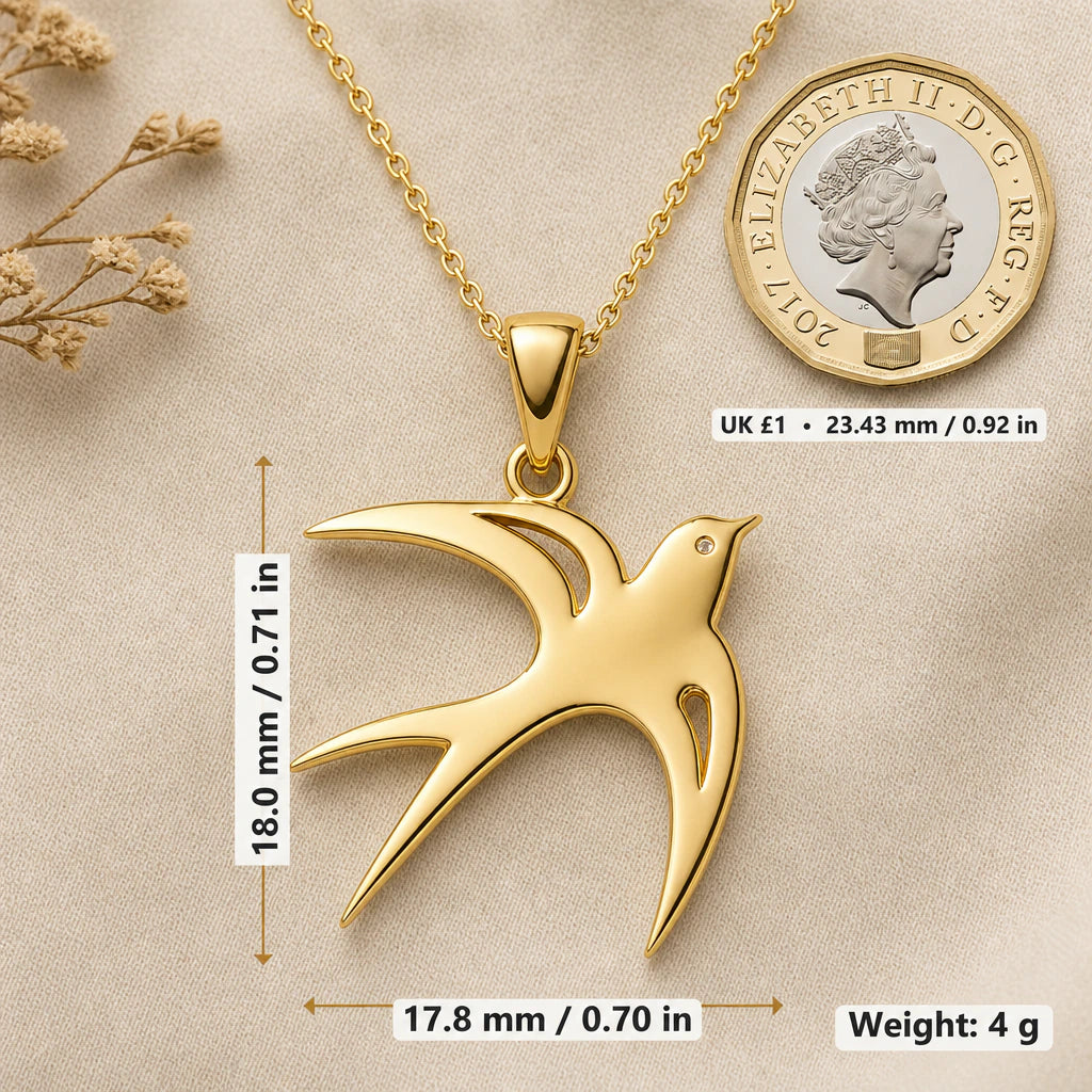 Swallow Bird Pendant Necklace size guide, 18 by 17.8 mm